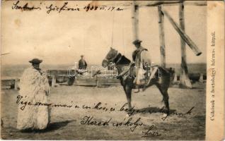 1907 Hortobágy, csikósok a hármas kútnál, magyar folklór. R. Mosinger (Zagreb) (szakadás / tear)