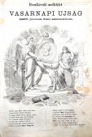 [Folyóirat] Rendkívüli melléklet a Vasárnapi Ujság 1867. június 9-i számához [I. Ferenc József magyar királlyá koronázása alkalmából kiadott különszám.] (Pest, 1867). (Heckenast Gusztáv ny.) [4] p. Folio. Heckenast Gusztáv lapja, a Vasárnapi Ujság különszáma az előző nap, 1867. június 8-án lezajlott királykoronázás alkalmából jelent meg. Az illusztrált hetilap rendkívüli kiadása részletesen ismerteti a királykoronázáshoz vezető politikai folyamatot. A szabadságharc bukása, valamint az azt követő, gyászos emlékezetű Bach- és Schmerling-korszak után az 1860-as évek elején indult meg az osztrák adminisztráció és Deák Ferencék egyeztetése, melyet 1867 elején az Andrássy-kormány felállása követett, ám az Andrássy-kormányzat csak azzal az előre tisztázott feltétellel folytathatta működését, ha I. Ferenc Józsefet még 1867 során királlyá koronázzák. Az ünnepélyes aktusra Budán került sor, 1867. június 8-án. Lapszámunk utolsó két oldalán az egyhetes ünnepségsorozat részletei. Történeti dokumentumunk nyitóoldalán és belső oldalán régi gyűjteményi bélyegzés, oldalain apró foltosságok, lapjain a hajtás mentén szakadás. Jó állapotú lap.