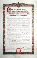 [Oklevél] Nagybányai vitéz Horthy Miklós kormányzó és gróf Károlyi Gyula miniszterelnök saját kezű aláírásával hitelesített vitézzé avatási oklevél Benczes József szakaszvezető részére (1932). Kelt: Budavárában, 1932. augusztus 25. Színes kőnyomatú oklevél, mérete: 600x395 mm, az aláírásokon kívül 9 beírt sorral. Az 1920-ban, Horthy Miklós kormányzó javaslata alapján megalakult Vitézi Renddel egy erősen katonai alapokon álló, nemzeti és antikommunista szellemiségű, a kormányzóhoz feltétlenül lojális társadalmi szervezet jött létre. Vitézi rang az első világháborúban, illetve az ellenforradalomban betöltött szerepért járhatott, elsősorban paraszti származású egykori katonák számára. A vitézi rend leendő tagjainak gyakori paraszti származásával függ össze, hogy a vitézi rang számos esetben örökíthető vitézi telek adományozásával járt együtt. Oklevelünk minden tekintetben teljesíti a feltételeket: dokumentumunk kézzel kitöltött rubrikái alapján biztosan állíthatjuk, hogy Benczes József volt szakaszvezető és címzetes fővadász kitüntetett szerepet játszott az első világháborúban, elnyerte a közkatonáknak járó I. osztályú ezüst vitézségi érdemrendet, és tevékeny szerepet vállalt az ellenforradalom csatározásaiban is. Az 1932 augusztusában a kormányzó jelenlétében lezajlott vitézzé avatási szertartástól kezdve Benczes József címzetes fővadász nem csupán a szertartás keretében átadott, új vitézi jelvényt viselhette és a vitéz előnevet használhatta, hanem elnyerte a Somogybükkösd község határában fekvő, 5 kataszteri hold, 400 négyszögölet kitevő vitézi telket is, melyet fiúágon örökíthetett is. Aranyozott részleteket tartalmazó, színes kőnyomatú kerettel övezett vitézi oklevelünk alján Horthy Miklós és a frissen hivatalba lépett új miniszterelnök, gróf Károlyi Gyula saját kezű aláírása, kettejük aláírása között a kormányzó hivatalos szárazbélyegzése. Oklevelünk hátoldalán a vitézi telek kiutalásáról szóló kézírásos nyilatkozat, vitéz Igmándy-Hegyessy Géza ügyvezető vitézi törzskapitány saját kezű aláírásával és a Vitézi Szék hitelesítő körbélyegzőjével. Kőnyomatú oklevelünk mindkét oldalán apró, halvány foltosságok, hátoldalán alul apró javítások. Szép állapotú oklevél.