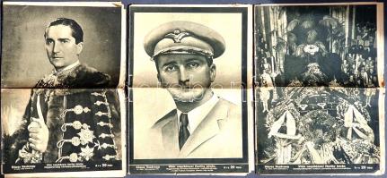 [Folyóirat] A Képes Vasárnap képes hetilap három lapszáma, Horthy István kormányzóhelyettessé választása, tragikus repülőszerencsétlensége és temetése alkalmából. Szerkeszti: Bónyi Adorján. 64. évfolyam, 9., 35. és 36. szám. [1942. február 27. - 1942. szeptember 1.] Budapest, 1942. Pesti Hírlap Rt. - Légrády Testvérek ny. rt. 16 p.; 12 p.; 16 p. A Képes Vasárnap a Légrády Testvérek tulajdonában álló kormánypárti sajtókonszern, a Pesti Hírlap képes hétvégi magazinja. Három lapszámunk Horthy Miklós legidősebb fiának állít emléket. A kormányzó fia angolbarátságáról volt közismert, Horthy István 1942. februári kormányzóhelyettessé választása a Horthy-adminisztráció óvatos nyugati nyitási politikájának része volt. A gépészmérnöknek és vadászpilótának tanult kormányzóhelyettes 1942 áprilisában jelentkezett keleti frontszolgálatra, ott több légi harcban is részt vett. Jóllehet a kormányzóhelyettest további diplomáciai küldetések érdekében 1942 augusztusától visszavonták volna az összecsapásokból, e felkérés későn érkezett a frontra, Horthy István 1942. augusztus 20-án repülőszerencsétlenségben életét vesztette. A főpolgármester a halálhír hallatán egyhetes gyászt rendelt el, a temetésre augusztus 27-én került sor. Első lapszámunk családi és politikusi portrékat közöl (többek között Harsányi Zsolt és Márai Sándor megfogalmazásában), második lapszámunk frontszolgálatát méltatja, a harmadik a gyászmenet és gyászszertartás képeit adja közre. Második lapszámunkból egy ív (négy oldal) hiányzik. Jó állapotú lapok, középen hajtásnyommal.