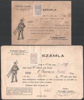 [Aprónyomtatvány] Kulcsár László kéményseprő mester két, aláírt, illetékbélyeggel ellátott kéményseprési számlája (1941, 1943). Kelt: Budapest, 1941. január hó és 1943. október hó. Két levél, méretük 150x230 mm, illetve 125x170 mm. A kelenföldi kéményseprő mester, Kulcsár László által aláírt számlák mindkettője ugyanazon ház: a Daróci utca 29. címen található épület évnegyedes kémény-ellenőrzését igazolja két időpontban is, 1941-ben, illetve 1943-ban. 1940/1941 telén a negyedéves ellenőrzés díja 4 pengő 62 fillérre, 1943 őszén 7 pengő 18 fillérre rúgott, ez jelentős inflációra utal. Társadalomtörténeti részletet árul el a háztulajdonos személyének megváltozása dr. Storsmann Rudolf helyett 1943 őszén már dr. Szentgáli Géza mezőgazdasági szakíró a ház tulajdonosa. A ház ma már nem áll. Egyik lap enyhén foltos, bal szélén apró szakadásnyommal, a másik jó állapotú.