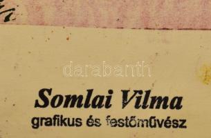 Somlai Vilma (1938-2007): Virág. Linómetszet, papír, lap alján a művész pecsétjével, lap szélén elsz...