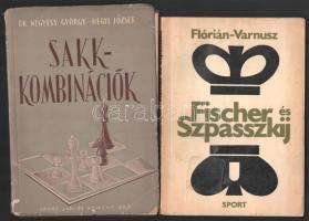 2 db sakk könyv: Négyesy György - Hegyi József: Sakk-kombinációk. (Bp., 1956), Sport, 238+(2) p. Kiadói papírkötés, sérült borítóval és gerinccel, néhány szamárfüles lappal. Megjelent 5100 példányban. + Flórián Tibor - Varnusz Egon: Fischer és Szpasszkij. Bp., 1972, Sport, 168 p. Kiadói papírkötés, kissé viseltes borítóval.