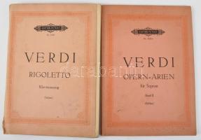 2 db német nyelvű kotta: Verdi, [Giuseppe]: Rigoletto. Oper in drei Akten. + Ausgewählte Opern-Arien für Sopran. Band II. Herausgegeben von Kurt Soldan. Leipzig, Edition Peters, VI+223+(3) p.; (4)+87+(1) p. Kiadói papírkötés, kissé foltos borítóval, az egyik sérült gerinccel, néhány foltos lappal.