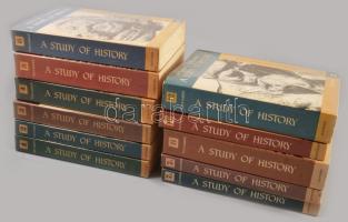 Arnold J. Toynbee: A Study of History. Vol. 1-8.,10.,12. Vol. 1: Introduction. The Geneses of Civilizations, Part One. XX+(4)+484 p.; Vol. 2: The Geneses of Civilizations, Part Two. VII+(1)+452 p.; Vol. 3: The Growth of Civilizations. VI+551 p.; Vol. 4: The Breakdowns of Civilizations. XIV+656 p.; Vol. 5: The Disintegrations of Civilizations, Part One. VI+712 p.; Vol. 6: The Disintegrations of Civilizations, Part Two. VI+633 p. Vol. 7/A + 7/B (2 kötet). 7/A: Universal States. 7/B: Universal Churches. XXXII+(2)+379 p.; X p.+ (381)-782 p. Vol. 8: Heroic Ages. Contacts between Civilizations in Space. (Encounters between Contemporaries). XI+(1)+732+(6) p. Vol. 10: The Inspirations of Historians. 3 sztl. lev.+ 422+(2) p. Vol 12.: Reconsiderations. X+740+(2) p. London-New York-Toronto, 1962-1964, Oxford University Press, X+740+(2) p. Angol nyelven. Kiadói papírkötések. / In English language. Paperback.
