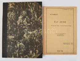 2 db kotta: Schubert, [Franz]: Éji zene. Grillparzer verse, ford.: Kerényi György. 4-szólamú egyneműkarra, alt szólóval és zongorakisérettel. Bp., 1940, Magyar Kórus, 16 p. Kiadói tűzött papírkötés. + Mozart, [Wolfgang Amadeus]: Die Entführung aus dem Serail. Singspiel in drei Aufzügen von - - . Leizpig, é.n., C. F. Peters, 178 p. Német nyelven. Félvászon-kötésben.