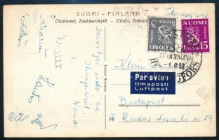 1952 Az Aranycsapat néhány játékosa által aláírt képeslap Helsinki olimpiáról, melyet Magyaroszág labdarúgásban megnyert: Hidegkuti, Gellér, Lantos, Zakariás, Kovács Imre /  1952 Postcard signed by some of the players of the Golden Team from the Helsinki Olympics, which Hungary won in football: Hidegkuti, Gellér, Lantos, Zakariás, Imre Kovács