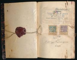 1922-1924 Szeged, segédkönyv, bevételi-kiadási jegyzék, kb. 50 beírt oldal, okmánybélyegekkel, sérült borítóval