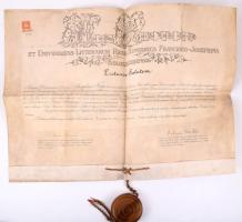 1913 Kolozsvár, a Kolozsvári M. Kir. Ferenc József Tudományegyetem által kiállított jogi doktori diploma, Kosutány Ignác (1851-1940) jogász, rektor, illetve Lukács Adolf (1848-1924) aláírásával, 2K okmánybélyeggel, fatokos függőpecséttel, 50x67 cm