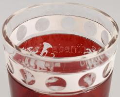 Biedermeier emlékpohár. XIX. sz. Überfangos, bíborpácolt, rajta a Szerencse, Egészség, Béke felirato...