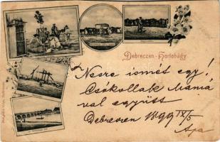 1899 Hortobágy, pásztorok étkezése, debreceni ekhós szekér, ökörgulya, hortobágyi Kilenclyukú híd, magyar folklór. Pongrácz Géza kiadása, szecessziós-virágos keret (vágott / cut)