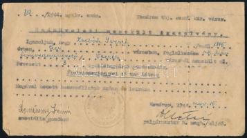 1944 Komárom, hadműveleti menekült igazolvány Zsebők Józsf ny. MÁV főmozdonyvezető részére, aki Vecsés városból menekült el