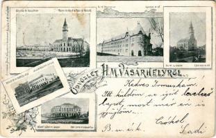 Hódmezővásárhely, Városháza és Kossuth tér télen, Református főgimnázium és új templom, Andrássy utca, Központi szálloda és János tér. Grossmann Benő kiadása, Atelier Plohn. Art Nouveau, floral