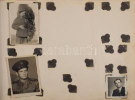 cca 1940-1950 Fodor Gyula fényképalbuma, számos katonai témájú fotóval (főként a Néphadsereg idejéből, de közte a M. Kir. Honvéd Légierő repülőtisztje, illetve levente fiú fotója is), részben személyes (családi, utazási) képekkel, összesen kb. 40-50 db fotó, változó méretben és állapotban, Kádár-címeres, zsinórfűzéses albumban, 21,5x30 cm