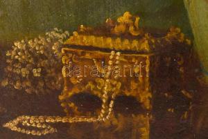 Olvashatatlan jelzéssel: Csendélet ékszerládikával. Olaj, karton. Apró felületi sérülésekkel. 32x38 ...