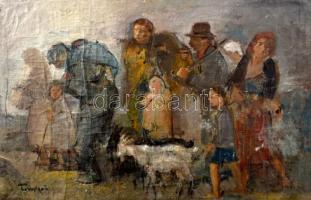 Tornyai jelzéssel: Vonuló társaság. Olaj, vászon. Vakráma nélkül. Törésnyomokkal (korábban feltehetően feltekerve). 29x46 cm