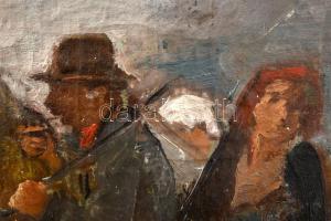 Tornyai jelzéssel: Vonuló társaság. Olaj, vászon. Vakráma nélkül. Törésnyomokkal (korábban feltehető...