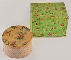 Szerencsi papírdoboz (Kaeszné Lukács Kató), kopásokkal, 12×13×17 cm + Stühmer papírdoboz, d: 13,5 cm, m: 7 cm