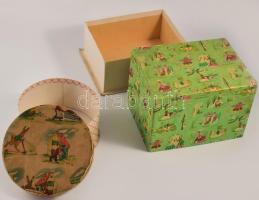 Szerencsi papírdoboz (Kaeszné Lukács Kató), kopásokkal, 12×13×17 cm + Stühmer papírdoboz, d: 13,5 cm...