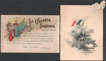 cca 1909 Pueblai francia kolonia meghívója nemzeti ünnep alkalmából, spanyol nyelven, 1 sztl. lev., 14x22 cm + Menükártya Porfirio Díaz (1830-1915) mexikó elnökének bankettjére, spanyol és francia nyelven, szakadt, 4 sztl. lev., 21x16 cm