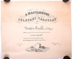 1918 Bp., a Magyarhoni Földtani Társulat tagfelvételi oklevele Jordán Gizella részére, Szontagh Tamás (1851-1936) királyi bányatanácsos, geológus, elnök, illetve Papp Károly (1873-1963) geológus, titkár aláírásával, feltekerve, eredeti karton hengerrel, 43,5x53,5 cm
