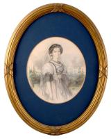 Josef Burda (1827-): Divatos fiatal hölgy, 1860. Akvarell, ceruza, papír. Jelzett. Dekoratív fakeretben. 23x20,5 cm / Josef Burda (1827-): Young woman in fashion, 1860. Watercolour and pencil on paper, signed, framed. 23x20,5 cm