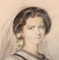 Josef Burda (1827-): Divatos fiatal hölgy, 1860. Akvarell, ceruza, papír. Jelzett. Dekoratív fakeret...