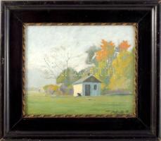 Jelenffy Lajos (XX. sz. első fele): Ház az erdő szélén, 1929. Olaj, karton. Üvegezett fakeretben. 22,5x27 cm