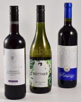 Vegyes bor tétel, 3 palack:  2019 Büttner Zöld veltelini, bontatlan palack badacsonyi fehérbor, 12%, 0,75l; 2017 Hagymási Pincészet, Hempergő Kékfrankos, bontatlan palack vörösbor, 12%, 0,75l 2023 Ostoros Cabernet Sauvignon, bontatlan palack vörösbor, 0,75l.