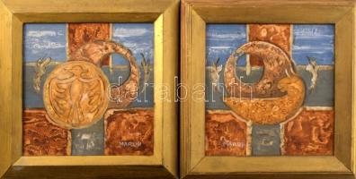 Marosi Ilona (1941-), 2 db mű: "Rakamazi madárszimbólum", 2002 és "Napkorongos nagyszentmiklósi motívum", 2002. Olaj, vászon, jelzett, fakeretben, 20×20 cm