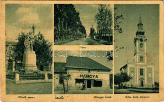 1943 Izsák, Hősök szobra, Fasor, Római katolikus templom, Hangya szövetkezet üzlete (EK)