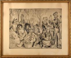 Szabó Vladimír (1905-1991): Piac. rézkarc, papír, jelzett, lap alja foltos, üvegezett fakeretben, 30x40 cm
