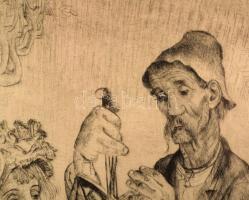 Szabó Vladimír (1905-1991): Piac. rézkarc, papír, jelzett, lap alja foltos, üvegezett fakeretben, 30...