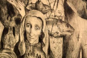 Szabó Vladimír (1905-1991): Piac. rézkarc, papír, jelzett, lap alja foltos, üvegezett fakeretben, 30...