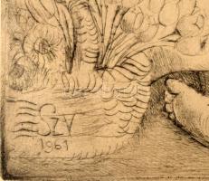 Szabó Vladimír (1905-1991): Piac. rézkarc, papír, jelzett, lap alja foltos, üvegezett fakeretben, 30...