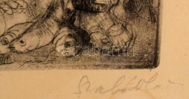 Szabó Vladimír (1905-1991): Piac. rézkarc, papír, jelzett, lap alja foltos, üvegezett fakeretben, 30...