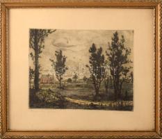 Gross Arnold (1929-2015): Árvíz utáni építkezés. Színezett rézkarc, papír, jelzett. 18,5x24 cm Üvegezett fakeretben.