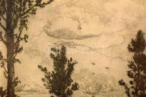 Gross Arnold (1929-2015): Árvíz utáni építkezés. Színezett rézkarc, papír, jelzett. 18,5x24 cm Üvege...