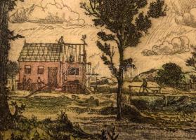 Gross Arnold (1929-2015): Árvíz utáni építkezés. Színezett rézkarc, papír, jelzett. 18,5x24 cm Üvege...