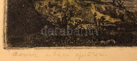 Gross Arnold (1929-2015): Árvíz utáni építkezés. Színezett rézkarc, papír, jelzett. 18,5x24 cm Üvege...