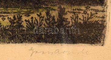 Gross Arnold (1929-2015): Árvíz utáni építkezés. Színezett rézkarc, papír, jelzett. 18,5x24 cm Üvege...