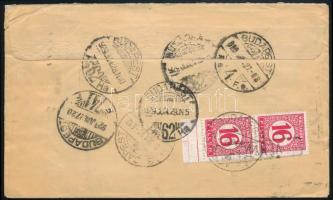 1929 Levél Londonból Budapestre többször továbbküldve és portózva / Cover from London to Budapest wi...