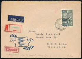 1957 Ajánlott expressz légi levél Romániába "ÖRKÉNY" / Registered airmail express cover to...