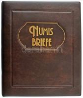 Négygyűrűs, barna műbőr "Numis Briefe" album, benne 19db kettesosztású- és 21db osztatlan berakólappal, bankjegyek vagy bliszterek tárolására. Használt de jó állapotban