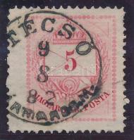 1881 5kr 13-as fogazással, szélesre fogazva, ún. "óriás" bélyeg, "TÉCSŐ / MÁRMAROS.M." (Gudlin 50 p)