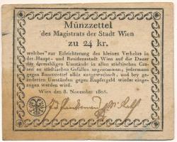 Ausztria / Bécs 1805. 24kr "Bécs város Magisztrátusa" vízjeles papíron T:VF nagyobb fo., jobb alsó él mentén részben elvékonyodott papír, csak egy nagyobb hajtás középen!  Austria / Wien 1805. 24 Kreuzer "Magistrats der Stadt Wien" on watermarked paper C:VF large spot, thin paper near the lower edge, with one foldline in the center
