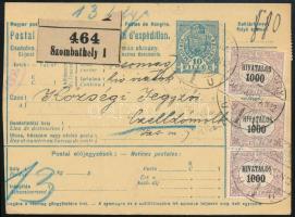 1921 Csomagszállító 5 db Hivatalos bélyeggel / Parcel card with official stamps "SZOMBATHELY" - "CZELLDÖMÖLK"