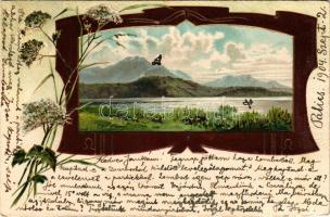 1904 Tájkép. Szecessziós-virágos dombornyomott litho művészlap Palicsról / Landscape. Art Nouveau, floral, Emb. litho art postcard sent from Palic (lyukak / pinholes)