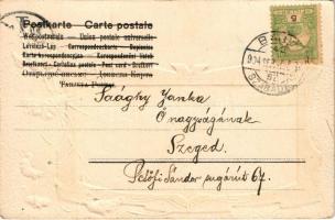 1904 Tájkép. Szecessziós-virágos dombornyomott litho művészlap Palicsról / Landscape. Art Nouveau, f...