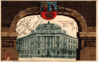 1901 Szabadka, Subotica; Főgimnázium. Szecessziós címeres litho keret / grammar school. Art Nouveau litho frame with coat of arms (EK)